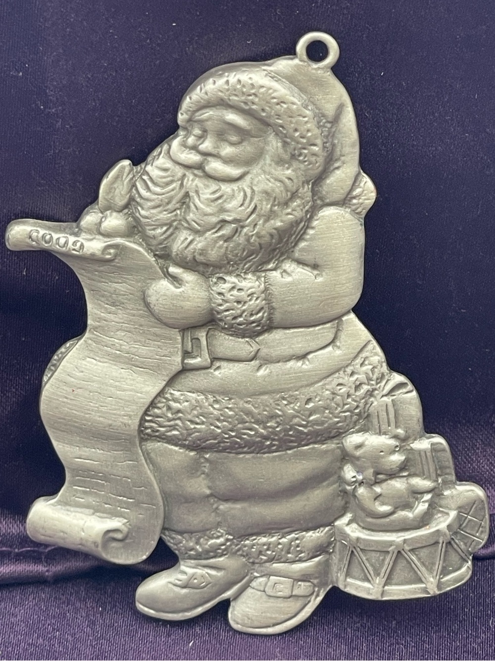 VTG Avon Annual Solid Pewter Ornament: Year 1996 “Santa” Checking the Good List